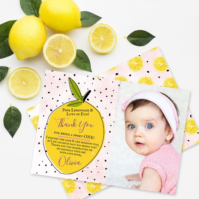 Tarjeta De Agradecimiento Lemonade rosa moderna foto de primer cumpleaños (Subido por el creador)