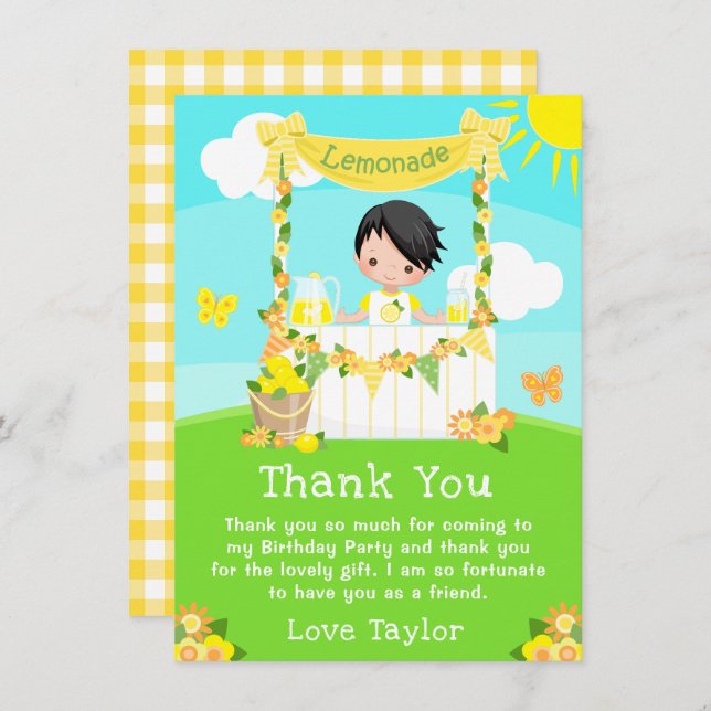 Tarjeta De Agradecimiento Lemonade Stand Birday Black Hair Boy (Anverso / Reverso)