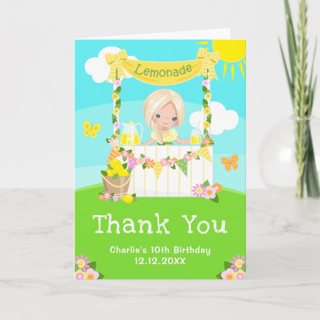 Tarjeta De Agradecimiento Lemonade Stand Birday Blonde Hair Chica (Anverso)