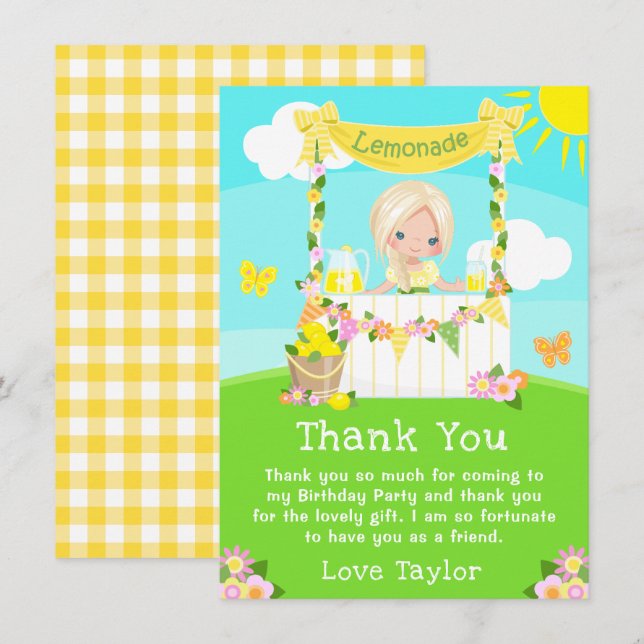 Tarjeta De Agradecimiento Lemonade Stand Birday Blonde Hair Chica (Anverso / Reverso)