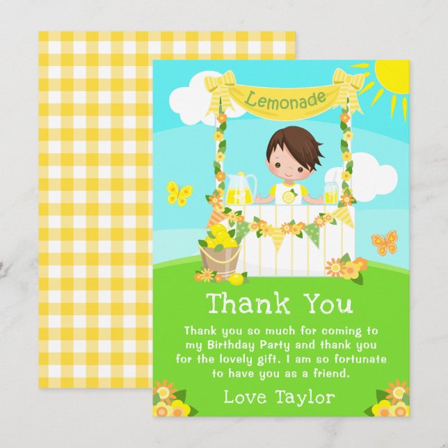 Tarjeta De Agradecimiento Lemonade Stand Birday Brown Hair Boy (Anverso / Reverso)