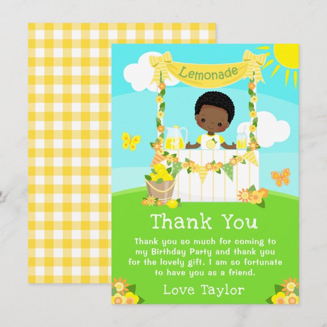 Tarjeta De Agradecimiento Lemonade Stand Birthday Dark Skin Boy (Anverso / Reverso)