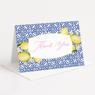 Tarjeta De Agradecimiento Lemonas Aquarelas Italianas Baldosas Blancas y Azu