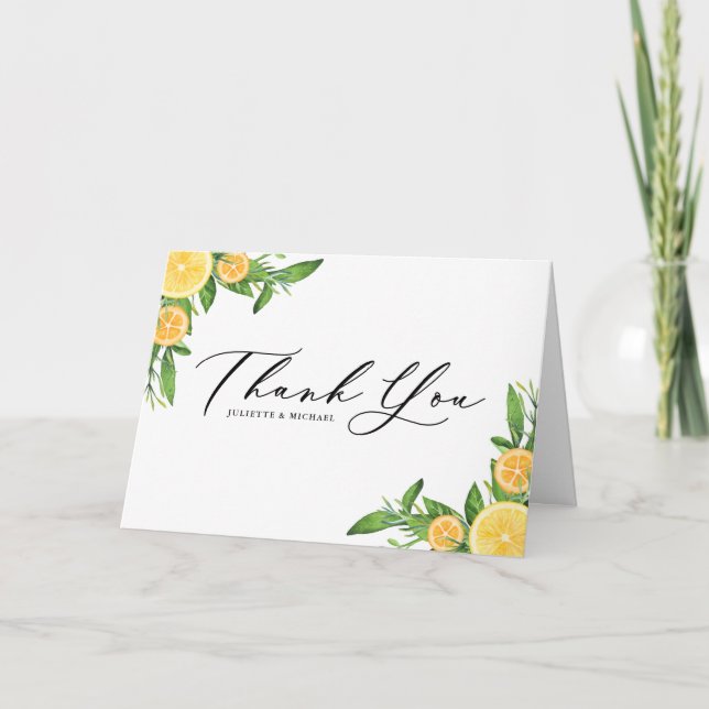 Tarjeta De Agradecimiento Lemones acuarela y Naranjas Boda de verano (Anverso)