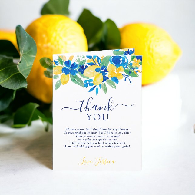 Tarjeta De Agradecimiento Lemones amarillos azules acuarela floral ducha de  (Blue yellow lemons floral watercolor bridal shower thank you card)