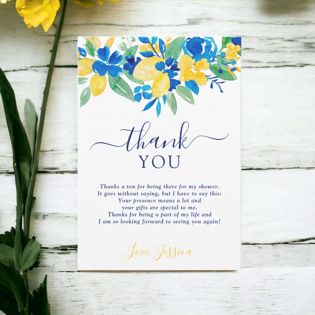 Tarjeta De Agradecimiento Lemones amarillos azules acuarela floral ducha de  (Blue yellow lemons floral watercolor bridal shower thank you card)