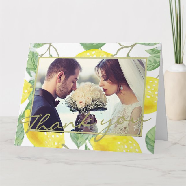 Tarjeta De Agradecimiento Lemones amarillos modernos y foto Boda de follaje  (Anverso)