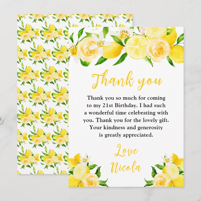 Tarjeta De Agradecimiento Lemons and Foliage Birthday (Anverso / Reverso)