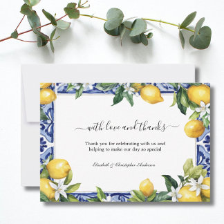 Tarjeta De Agradecimiento Lemons Blue White Tile Mediterranean Wedding