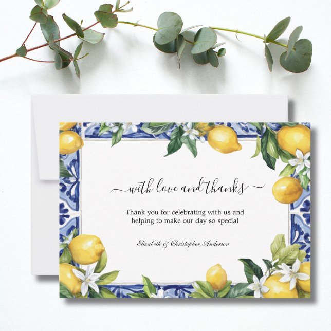 Tarjeta De Agradecimiento Lemons Blue White Tile Mediterranean Wedding (Lemons Blue White Mediterranean tile Wedding Thank you card)