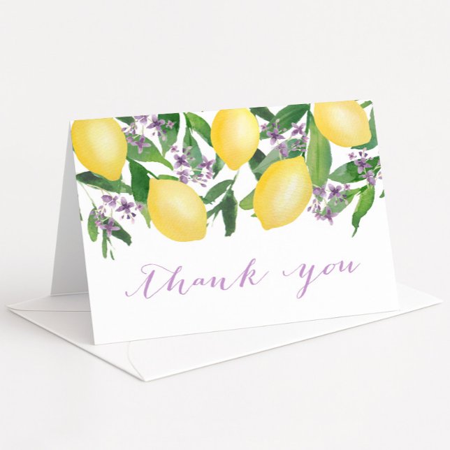 Tarjeta De Agradecimiento Lemons Lavender Morado Acuarela Citrus plegable (Lemons with lavender blossoms bridal shower thank you card)