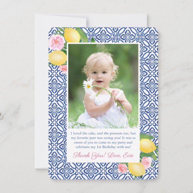 Tarjeta De Agradecimiento Lemons Pink Positano Blue Tiles Baby Shower Photo (Anverso)