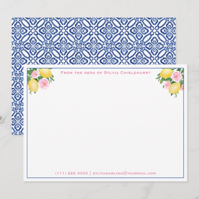 Tarjeta De Agradecimiento Lemons Positano Azul Azulejos Italianos Ducha De N (Anverso / Reverso)