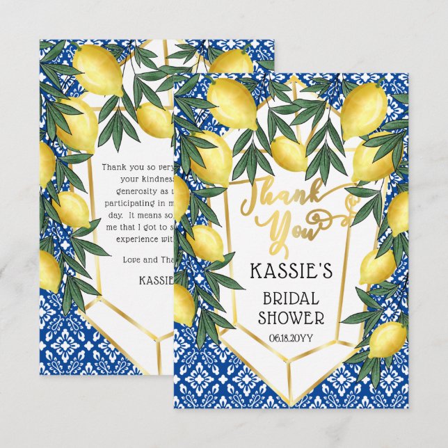Tarjeta De Agradecimiento Lemons Tropical Bridal Shower Mediterranean (Anverso / Reverso)