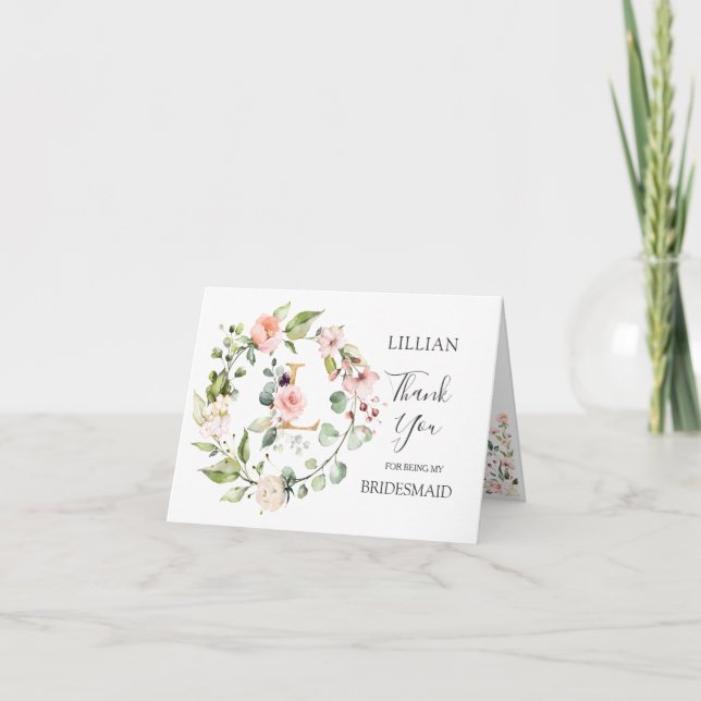 Tarjeta De Agradecimiento Leña Floral Bridesmaid monograma L (Anverso)