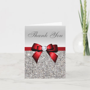 Tarjeta De Agradecimiento Lentejuelas Plateadas Diamante Rojo Lazo de Agrade