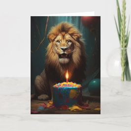 Tarjeta De Agradecimiento León poderoso con un pastel de cumpleaños
