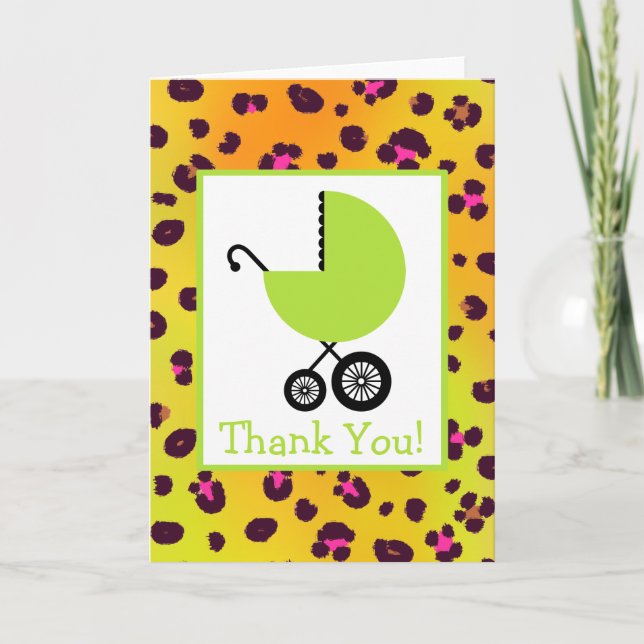 Tarjeta De Agradecimiento Leopard & Green Carriage Baby Shower Gracias (Anverso)