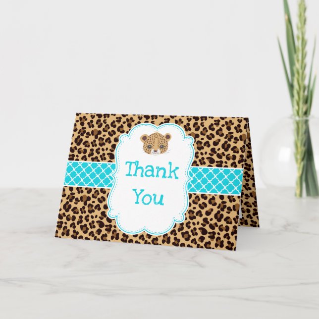 Tarjeta De Agradecimiento Leopard Print Blue Quatrefoil 'Gracias (Anverso)