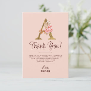 Tarjeta De Agradecimiento Letra A Monograma Dorado Rosas Rosa Claro