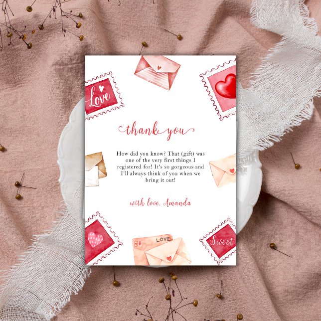 Tarjeta De Agradecimiento Letra de San Valentín marca Baby Shower (Valentine Letter Stamp Sweetheart Baby Shower Thank You Card)