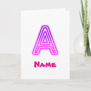 Tarjeta De Agradecimiento Letra Neon A Monograma Brillante Rosa Purpura Inic