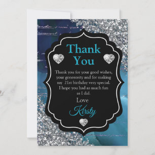 Tarjeta De Agradecimiento Letras de Sirena Azul Teal Brillo de Plata Gracias