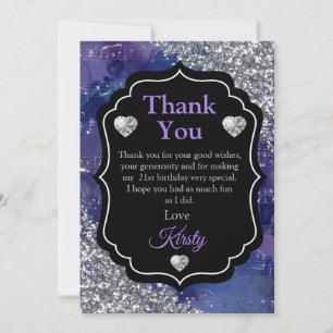 Tarjeta De Agradecimiento Letras de Sirena Morada Brillo de Plata Gracias