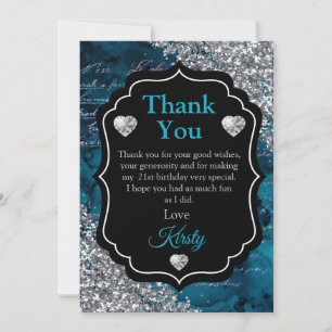 Tarjeta De Agradecimiento Letras de Sirena Verde Azul Glitter Plateado Graci