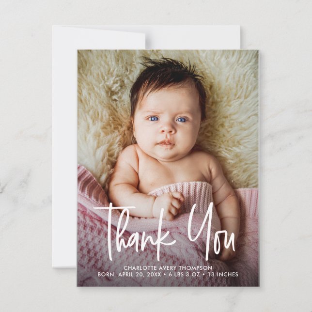 Tarjeta De Agradecimiento Letras modernas a mano para bebé niña Estadísticas (Anverso)
