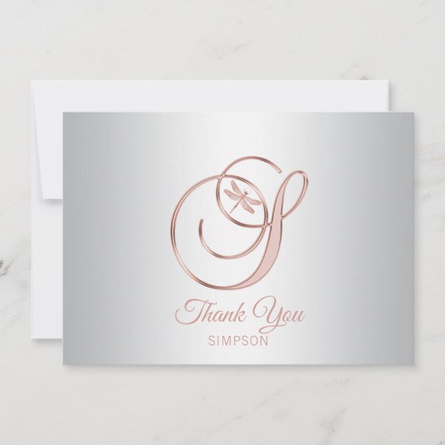 Tarjeta De Agradecimiento Libélula Gris Plata Rosa Dorado Gracias | S (Anverso)