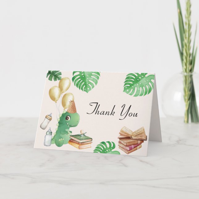 Tarjeta De Agradecimiento Libro de Historias de Dinosaurios con Globos para  (Anverso)