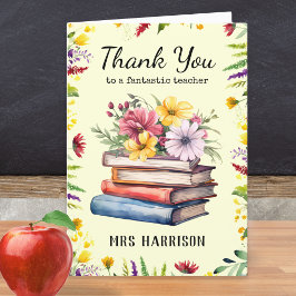 Tarjeta De Agradecimiento Libros Flores Bonito Personalizado Maestro