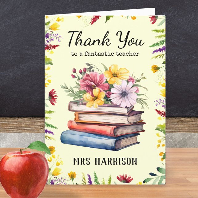 Tarjeta De Agradecimiento Libros Flores Bonito Personalizado Maestro (A personalized card with 'Thank you to a fantastic teacher' words, and picture of books and flowers)