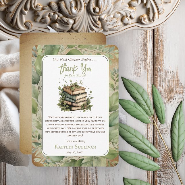 Tarjeta De Agradecimiento Libros Nuestro Próximo Capítulo Comienza Baby Show (Rustic Vintage Look Elegance "Our Next Chapter Begins . . ." Old Books Leaves Baby Shower Thank You)