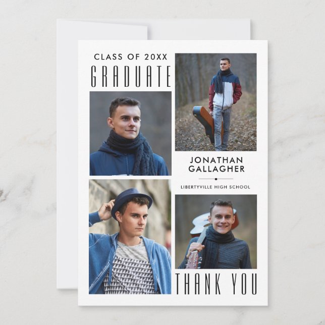 Tarjeta De Agradecimiento Licenciado Mínimo Sleek GRACIAS 5 Fotos Negro (Anverso)