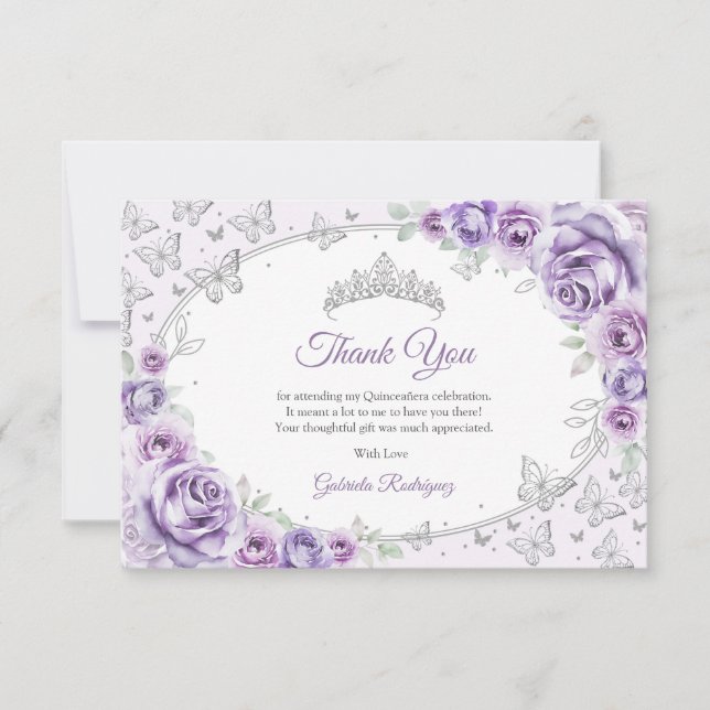 Tarjeta De Agradecimiento Lila Morado Plata Quinceanera (Anverso)