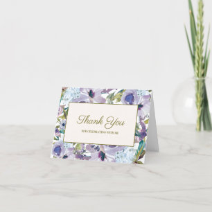 Tarjeta De Agradecimiento Lila Púrpura Azul Polvoriento Floral Cumpleaños