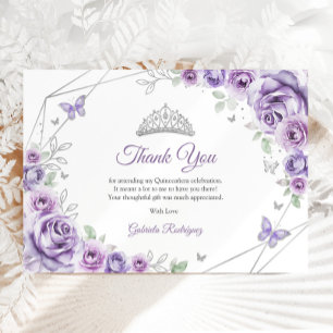 Tarjeta De Agradecimiento Lila Púrpura Floral Quinceañera Plateada