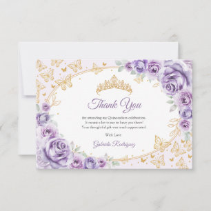 Tarjeta De Agradecimiento Lila Púrpura Oro Quinceanera Floral