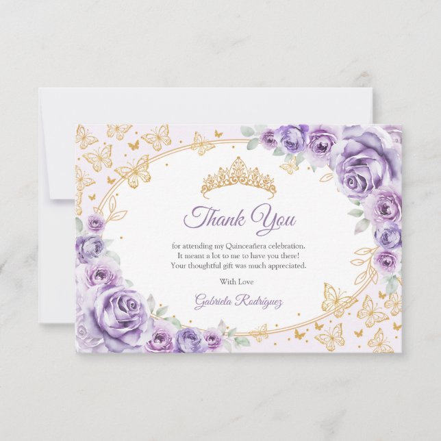 Tarjeta De Agradecimiento Lila Púrpura Oro Quinceanera Floral (Anverso)