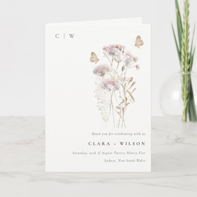 Tarjeta De Agradecimiento Lilac Boho Wildflower Fern Boda Botánico (Anverso)