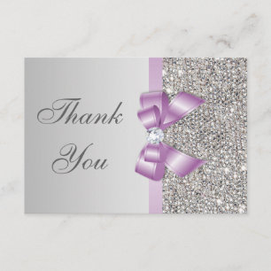 Tarjeta De Agradecimiento Lilac Faux Bow Silver Diamontes Gracias