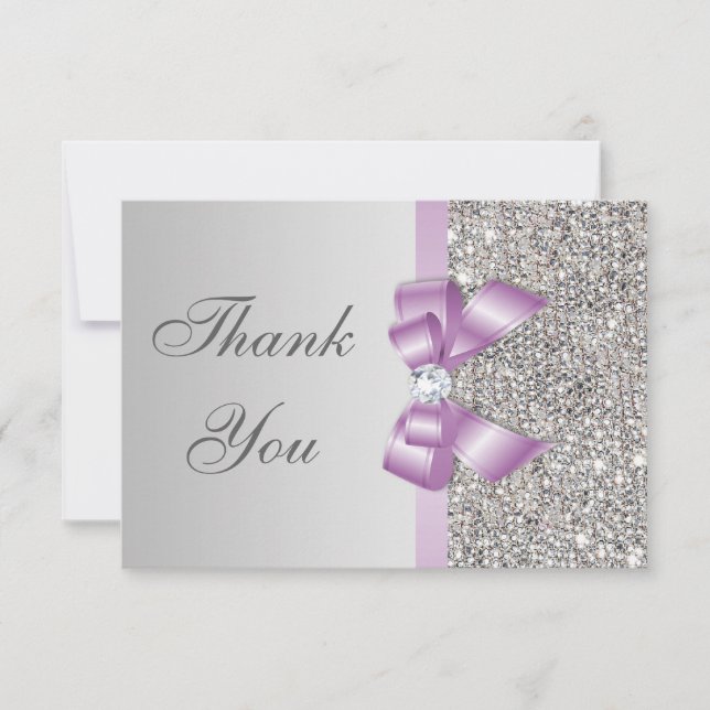 Tarjeta De Agradecimiento Lilac Faux Bow Silver Diamontes Gracias (Anverso)