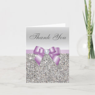 Tarjeta De Agradecimiento Lilac Faux Bow Silver Sequins Gracias