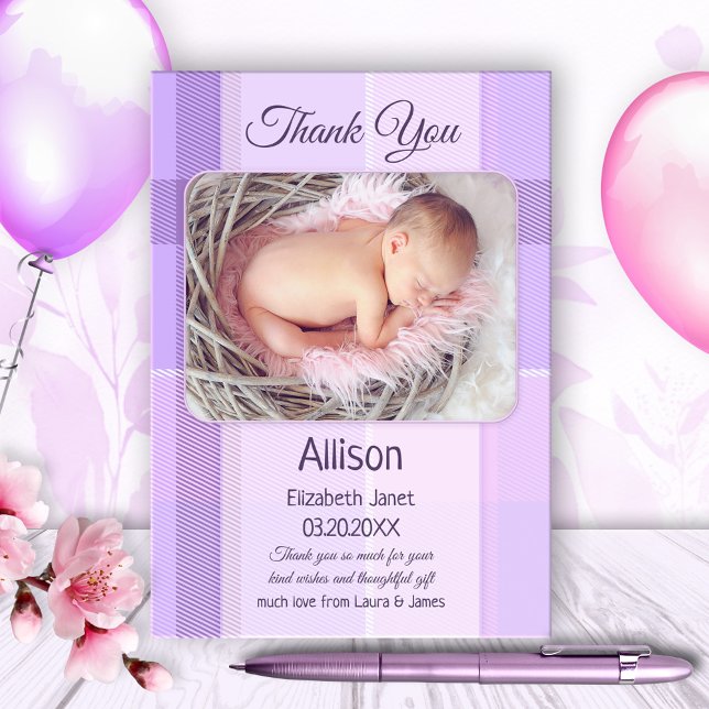 Tarjeta De Agradecimiento Lilac Pastel Plaid Baby Photo Card (Subido por el creador)