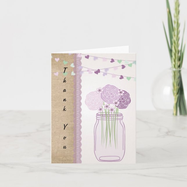 Tarjeta De Agradecimiento Lilac Purple Mason Jar Burlap Lace Gracias (Anverso)