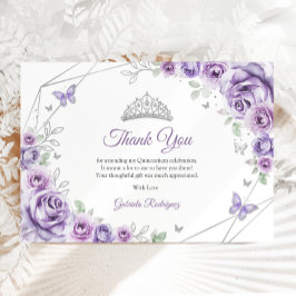 Tarjeta De Agradecimiento Lilac Purple Silver Floral Quinceanera