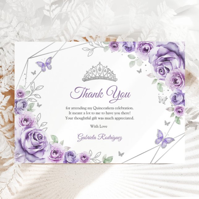 Tarjeta De Agradecimiento Lilac Purple Silver Floral Quinceanera (Subido por el creador)