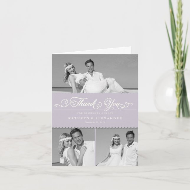 Tarjeta De Agradecimiento Lilac Scallop Band Romantic Script 3 Photo Boda (Anverso)